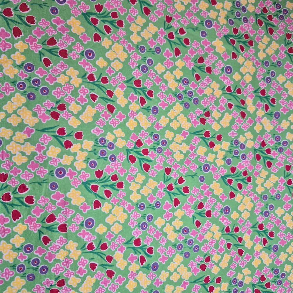 Spring Flowers Tulips Daffodils Posey on Green Floral Cotton Fabric 2.5 Yards